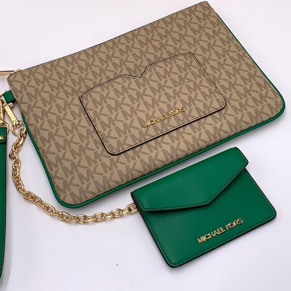 Michael Kors Jet Set LG 2 in 1 card case wristlet Wallet PALMETTO GREEN SIGNATUR - Picture 5 of 16